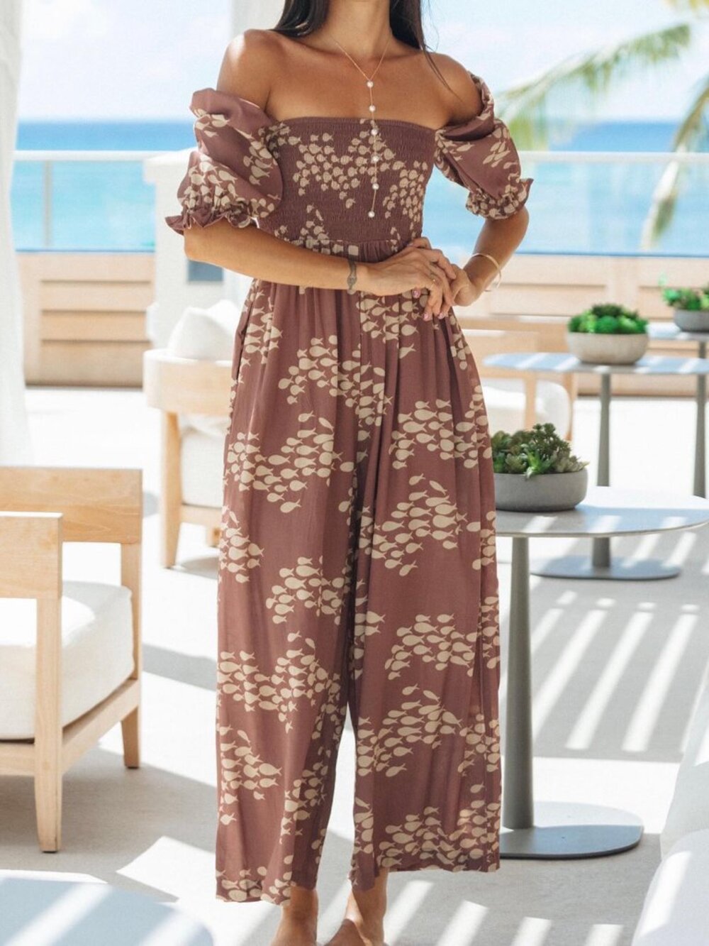 Fighting Eel Brown Floral Off-Shoulder Jumpsuit - Picture 2 of 7